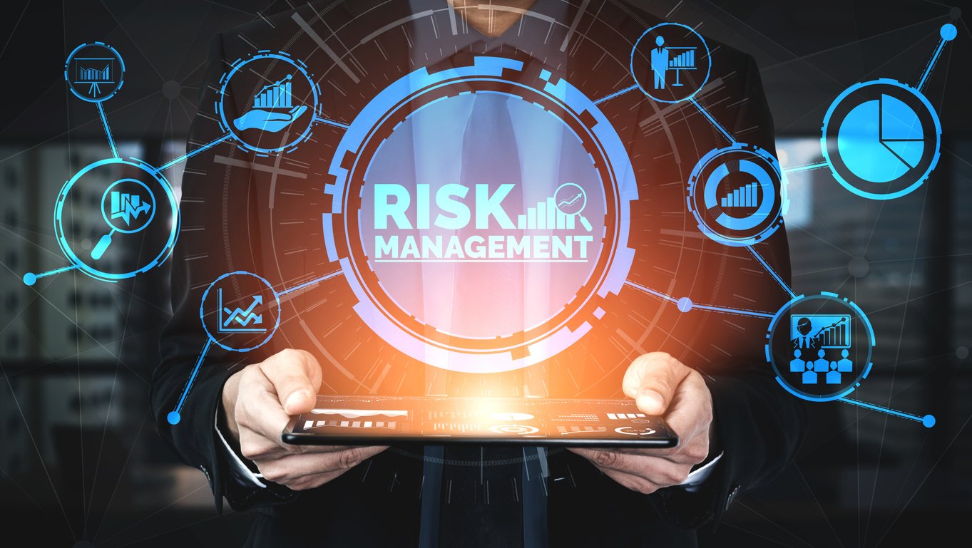 Risk Management and Assessment for Business Risk Management and Assessment for Business Investment Concept. Modern graphic interface showing symbols of strategy in risky plan analysis to control unpredictable loss and build financial safety.